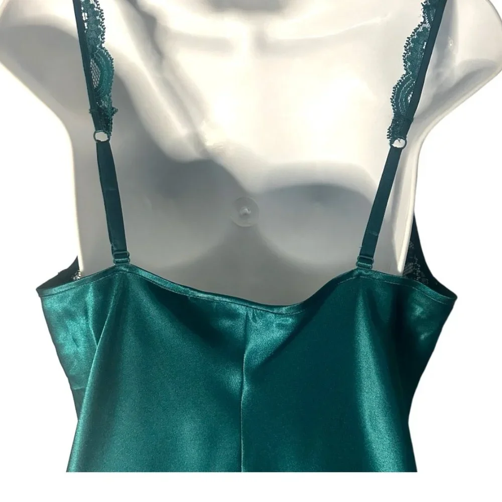 Gold Label Victoria's Secret Satin Teal Chemise with Lace & Slit - Size L - Picture 8 of 10